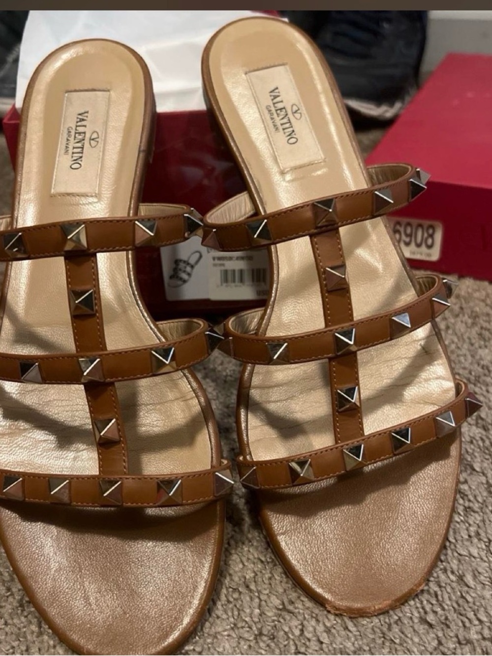 Valentino Garavani Tan Rockstud Triple-Strap Leather Slides